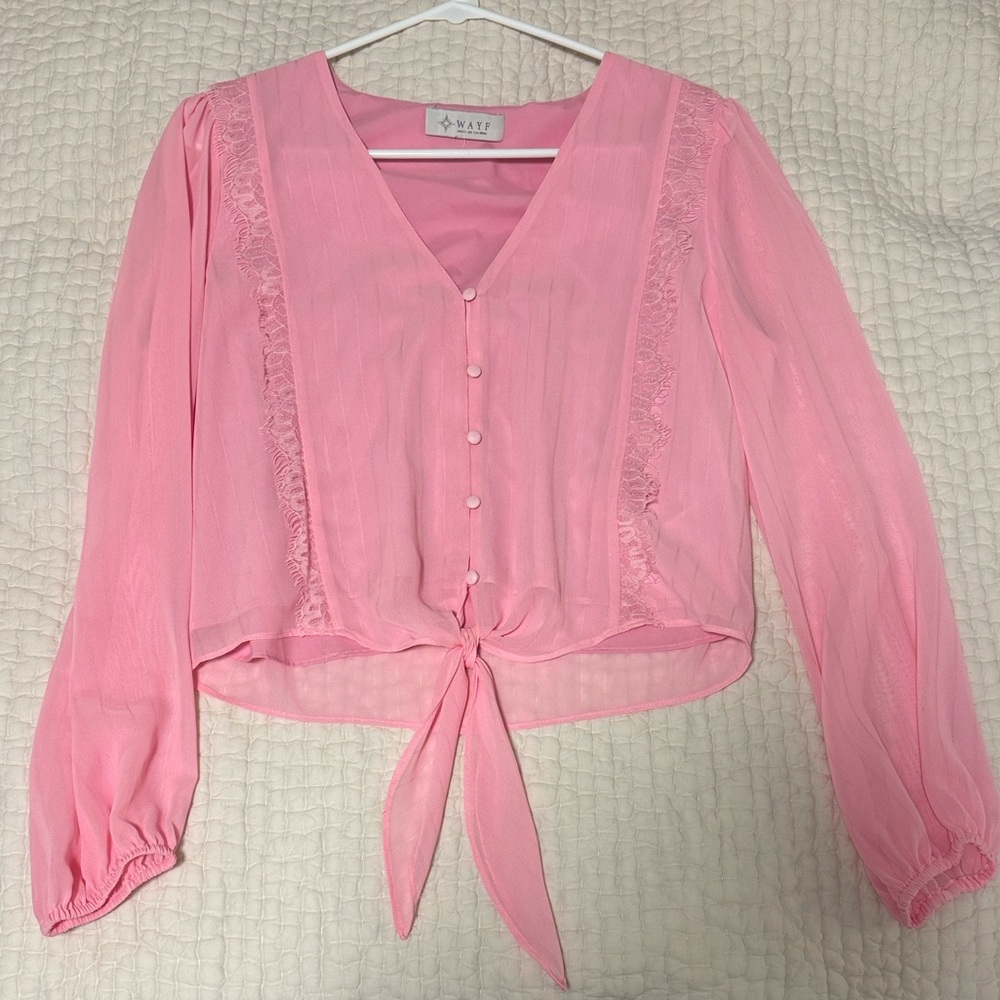 Pink Button-Down Blouse with Tie Front